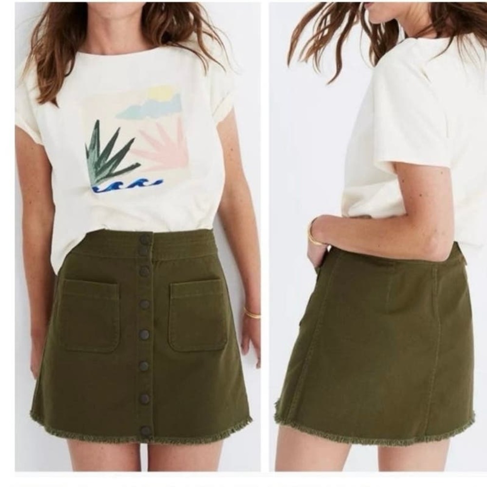 MADEWELL Station Olive Green Skirt Women's 8 Button Front Mini Raw Hem